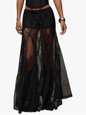 Black Lace Maxi Skirt with Sheer Panels